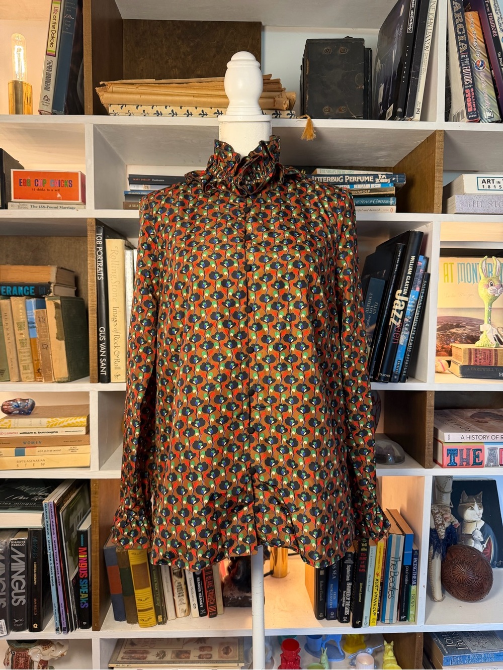 Zara Rust Multi Geometric Ruffle-Neck Button-Down Shirt